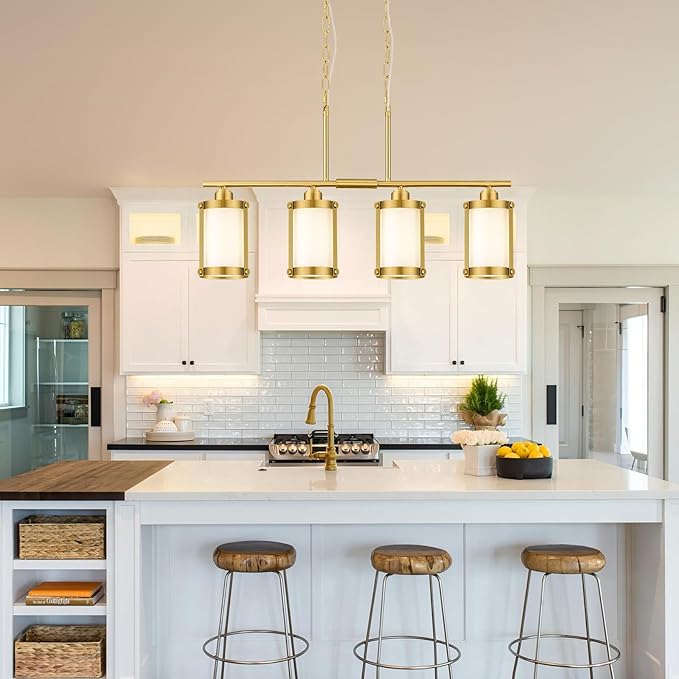 4-Light Kitchen Island Lighting, Brushed Gold Linear Dining Room Light Fixtures with Frosted Glass, Modern Mid Century Chandelier Pendant Light for Kitchen Island Dining Room, OS-3014-4ISBGW