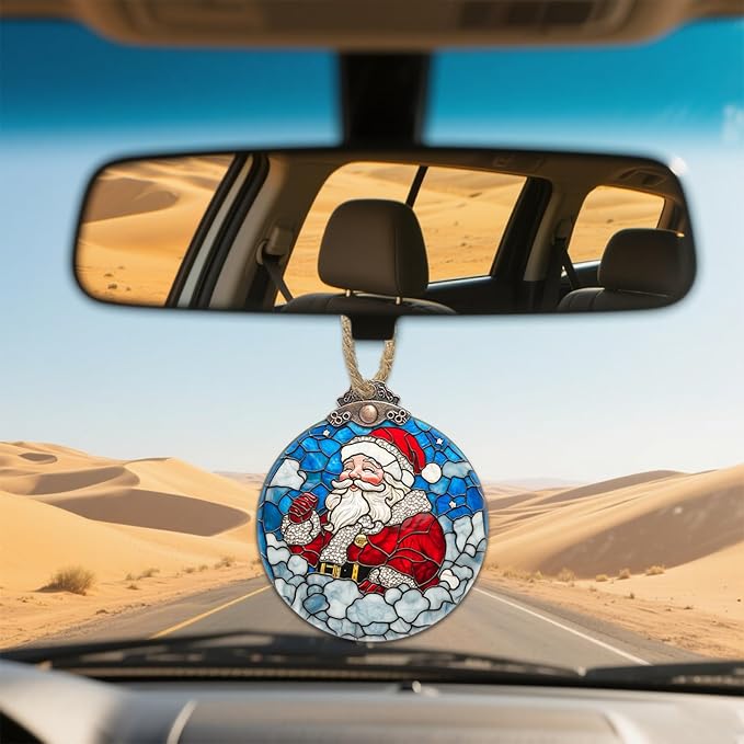 Stained Glass Christmas Decorations, Santa Claus in The Clouds Suncatcher for Window Christmas Tree Hanging Ornaments White Sun Catcher Xmas Decor Gifts for Women Men Mom Nana Friend