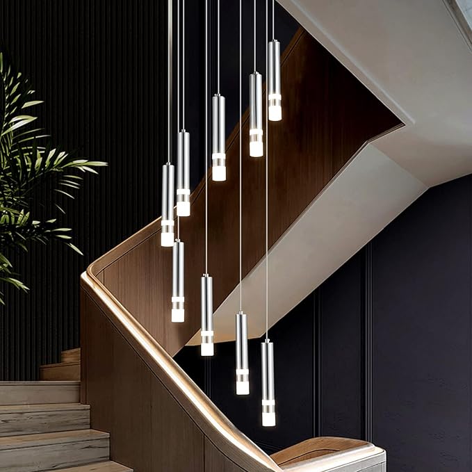 9-Light Modern Pendant Light Fixture Dimmable LED 54W Chrome Staircase Large Chandelier Lobby Living Room Bedroom Foyer High Ceiling Chandelier