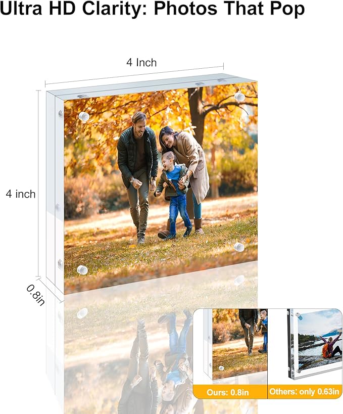 5 Pack 4x4 Acrylic Picture Frames - 20% Thicker Double Sided Magnetic Frame with UV Protection - Freestanding Clear Frameless Display for Tabletops - Modern Photo Frame Set for Home & Office Decor