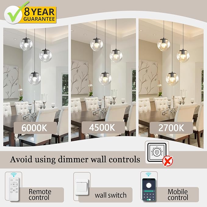 3-Light Small Chandelier LED Modern Glass Globe Pendant Light Chandeliers for Entryway Lighting Fixture Bedroom and Dining Room