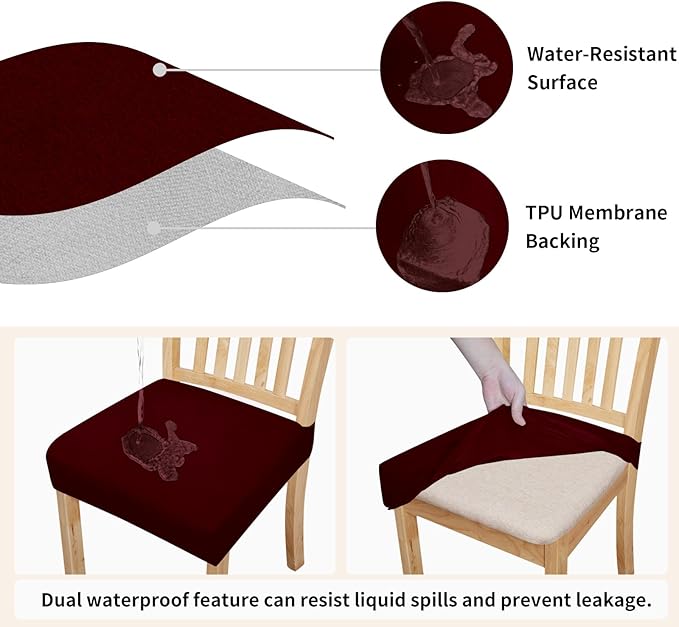Easy-Going 100% Waterproof Seat Covers for Dining Room Chairs Set of 2, Stretch Chair Seat Slipcovers Protector Removable and Washable Kitchen Dining Chair Covers, Wine