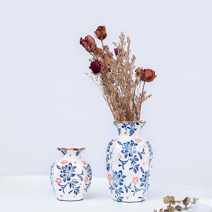Gold Rim Ceramic Vase, Chinoiserie Red Florals on Light Blue Background, Large Console Table Decor for Entryway, Luxury Wedding Gift (Large, Qinghongmei)