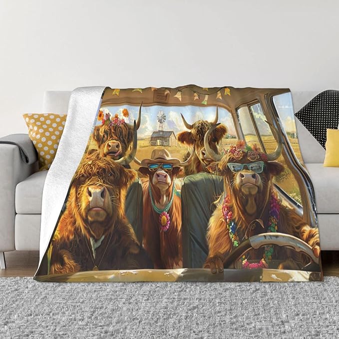 Funny Highland Cow Throw Blanket Hawaii Highland Cow Decor Blanket Super Cozy Plush Lightweight Soft Plush Flannel Fleece Cow Blanket Gifts for Girls Boys Kids Women Men for Sofa Bed Couch 80"X60"