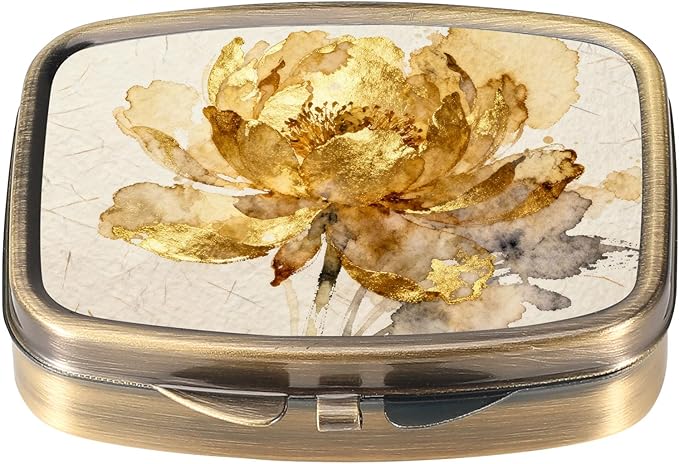 Dynippy Pill Case Pill Box with Mirror Retro Pocket 2 Compartment Medicine Case Vitamin Pill Organizer for Pocket Purse and Travel (A-Golden Flower)