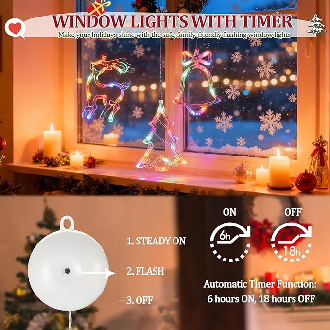 Christmas Window Lights Decorations - 3Pcs Christmas Lights Indoor w/Timer Window Decor Bell Tree Reindeer Battery Powered Hanging Multicolor Xmas Lights Suction Cups Hooks for Tree Fireplace