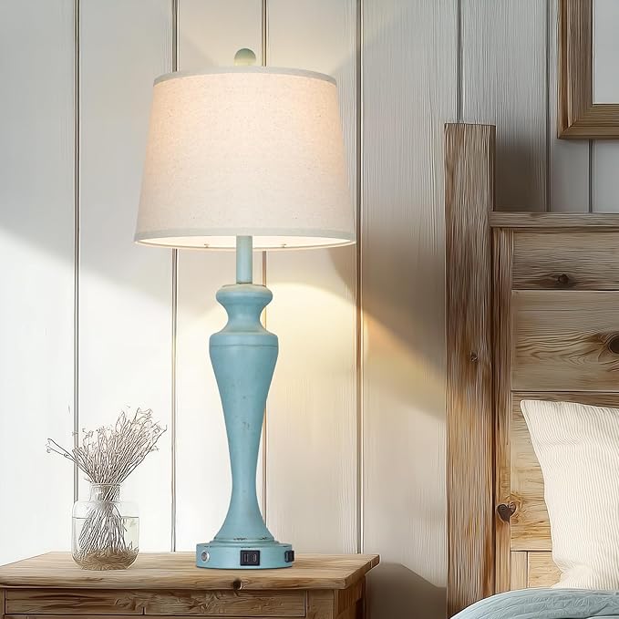 30" Blue Table Lamps Set of 2, Touch Control Farmhouse Living Room Lamp with USB A+C Ports and AC Outlet, 3-Way Bedside Lamps for Nightstand, Vintage Bedroom Lamp, 2 Bulbs Included