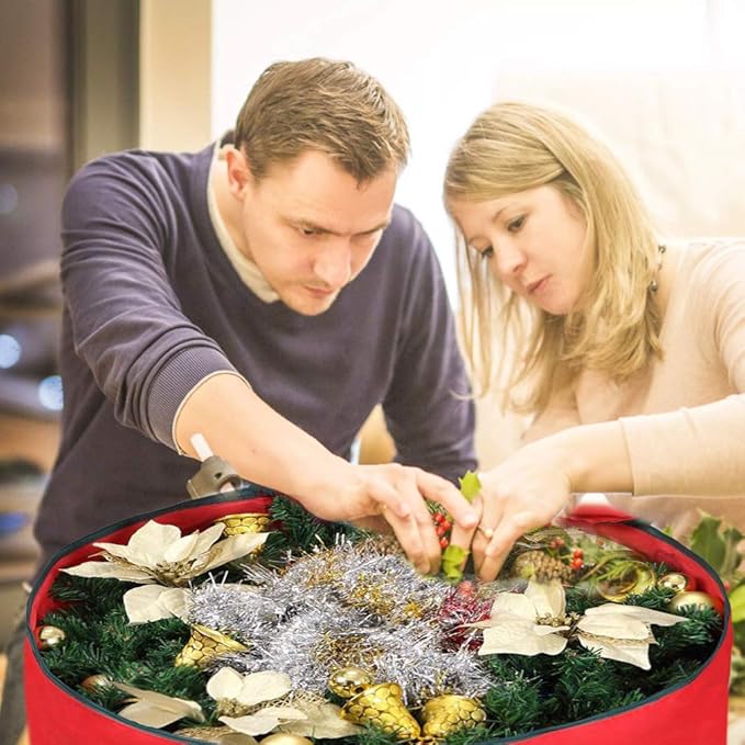 Primode Heavy Duty Christmas Wreath Storage Bag 48" - Handles Made Of Durable 600D Oxford Polyester Material Storage Bag Extra Large 48” Holiday Wreaths Container (Red)
