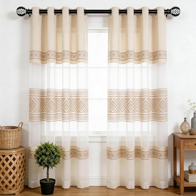 BRIOFOX Black Boho Curtain Rods for Windows 72 to 144 Inch - 1 inch Diameter Heavy Duty Curtain Rods with Imitation Wood Grain Leaf Pattern Finials,Adjustable Decorative Curtain Rods Set,28-144''
