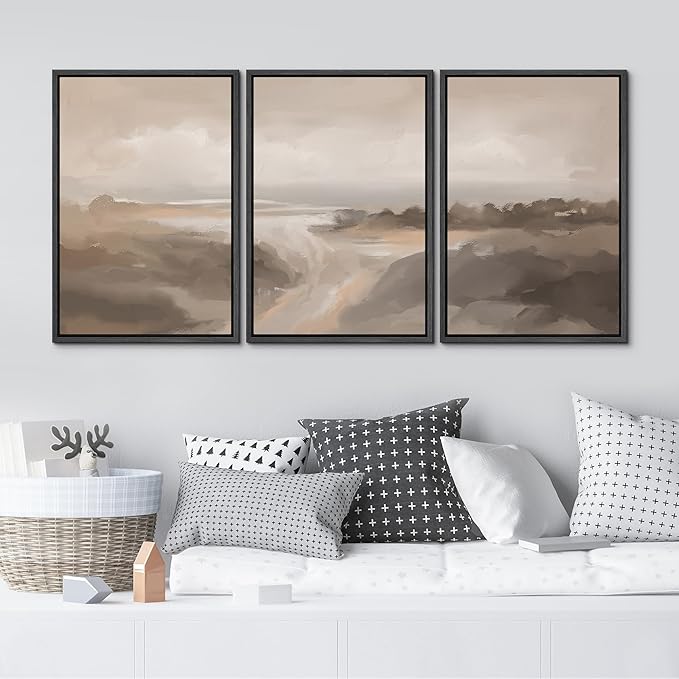 MUDECOR Framed Canvas Print Wall Art Serene Landscape Neutral Coastal Illustrations Realism Decorative for Living Room, Bedroom, Office - 16"x24"x3 Black
