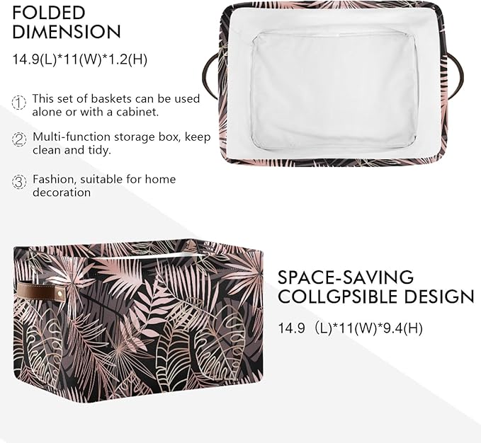 susiyo Large Foldable Storage Bin Rose Gold Palm Leaves Fabric Storage Baskets Collapsible Decorative Baskets Organizing Basket Bin with PU Handles for Shelves Home Closet Bedroom Living Room-2Pack