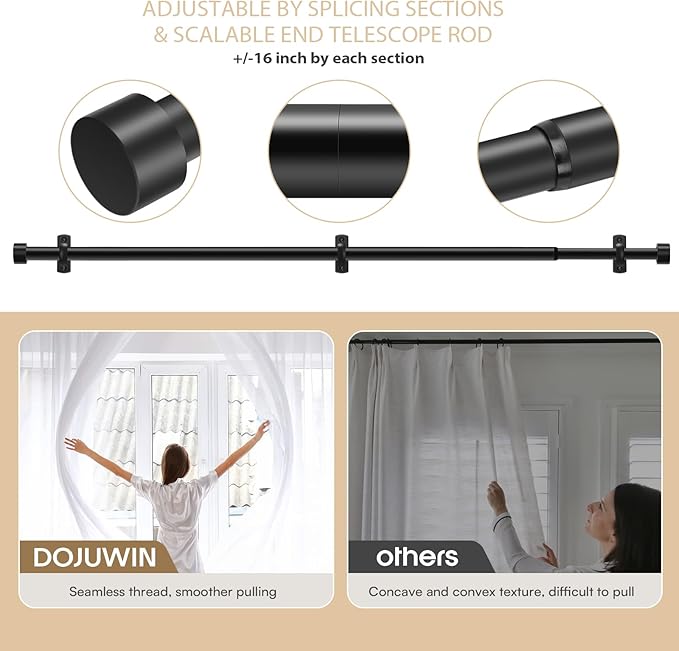 Matte Black Curtain Rods 30-144 Inch (3-12 Feet) - 1 Inch Diameter Heavy Duty Adjustable Drapery Rod with End Caps, Modern Window Rod for Large Windows, Easy Installation