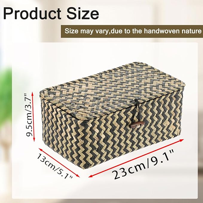 Hipiwe X-small Wicker Basket with Lid Natural Seagrass Storage Baskets Box Handwoven Household Organizer Box Multipurpose Woven Storage Basket for Shelf Closet,Black