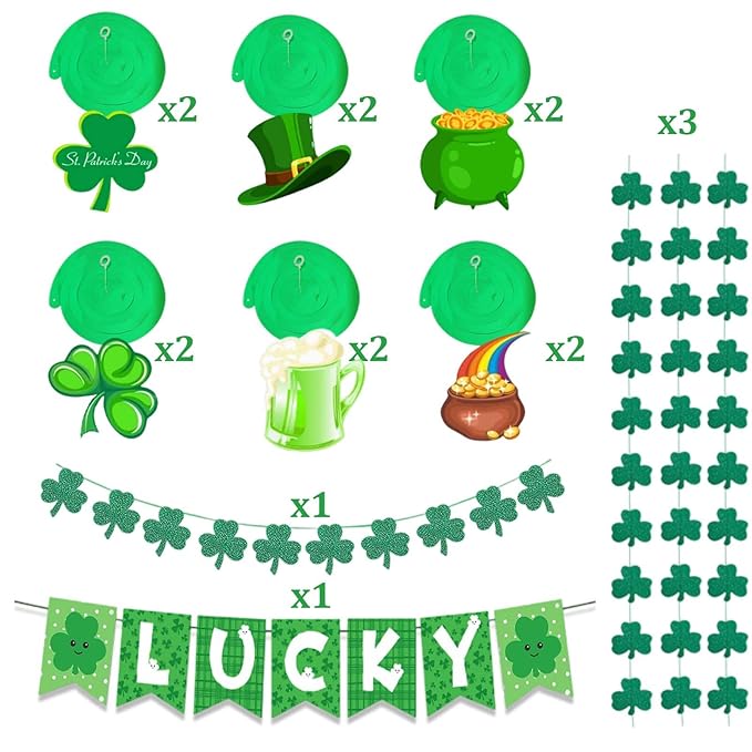 Go Ho St Patricks Day Decorations Kit, Shamrock Garlands, Lucky Banner, Clover Hanging Swirls, Irish Decor for Home Office, Green Saint Patrick's Day Party Supplies Bulletin Board