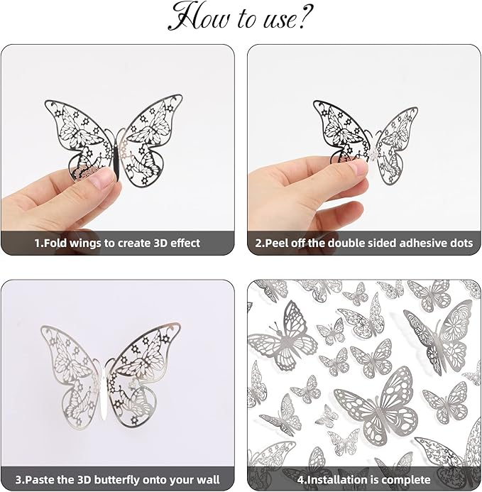 144 Pcs 3D Butterfly Wall Stickers Decor 6 Styles 3 Sizes, Silver Removable Butterfly Decals Room Wall Decor for Kids Nursery Classroom, Wedding, Party, Baby Shower