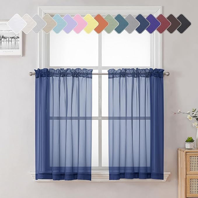 Lecloud Royal Blue Sheer Curtains 36 Inch Length 2 Panels, Solid Voile Cafe Kitchen Curtains, Dual Rod Pocket Airy Gauzy Curtain Tiers for Bedroom, Each Panel 42 X 36 Inch