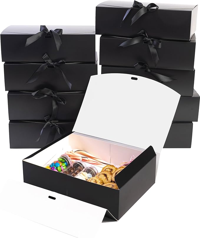 HummingBox Black Gift Box Set of 16 - Gift Boxes for Presents & gifting on weddings, birthdays & more - Easy to Assemble Black Gift Boxes With Lids & Ribbon Closure - Decorative Boxes With Lids