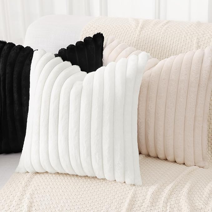 decorUhome Faux Fur Christmas Throw Pillow Covers 24x24 Set of 2, Decorative Soft Plush Striped Neutral Couch Euro Pillow Covers with Velvet Back for Sofa, Bed, Living Room Home Decor, Black