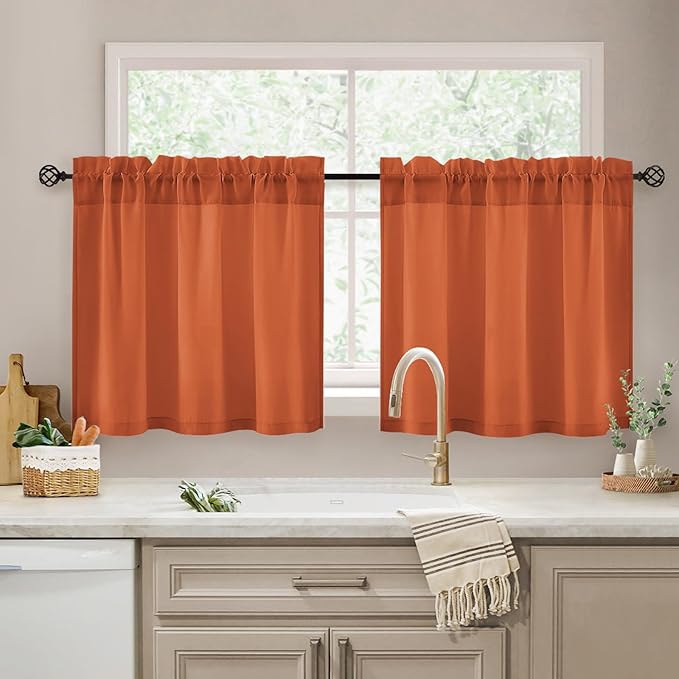 HOMEIDEAS Non-See-Through Fall Burnt Orange Privacy Kitchen Sheer Curtains 24 Inches Long 2 Panels Set Light Filtering Curtains for Living Room Bedroom Drapes,W30xL24