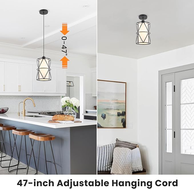 Industrial Black Pendant Lights, Modern Kitchen Island Farmhouse Hanging Light with Milk Glass for Hallway Sink Dining Room Bedroom
