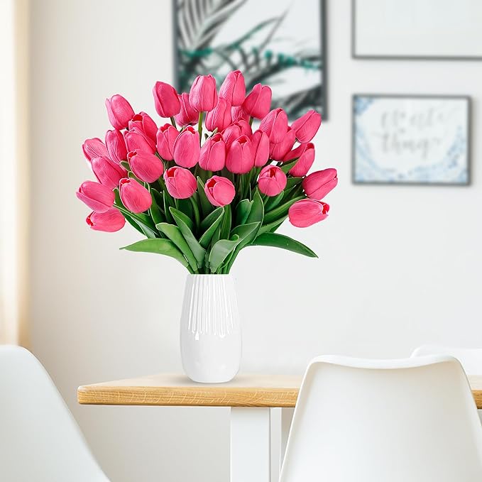 Sggvecsy 30 Pcs Fake Tulips Artificial Flowers Real Touch PU Faux Flowers Tulip Stems for Wedding Spring Bouquet Floral Arrangement Home Party Office Decorations for Mother's Day (Dark Pink)