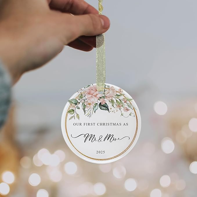 First Christmas as Mr and Mrs Ornament 2025,1st Year Wedding Ornament for Newlywed,Our First Married Christmas Ornament,Ceramic Hanging Decoration for Couples Just Married with Gift Box&Ribbon 2.9"