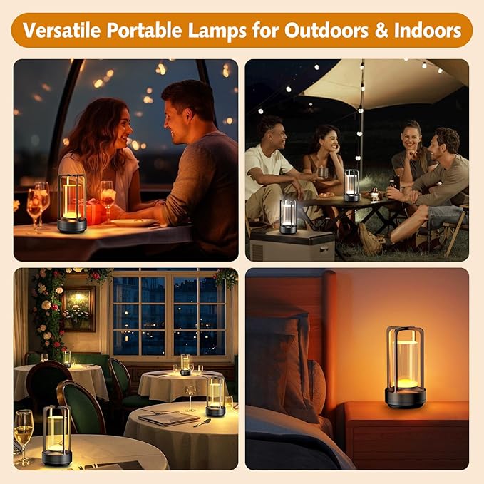 Portable Table Lamp for Outdoor Indoor: Cordless Rechargeable Desk Lamp with 3 Color Stepless Dimmable - Metal Battery Operated Lantern Light for Bedroom/Bar/Coffee Shop/Camping (Black)
