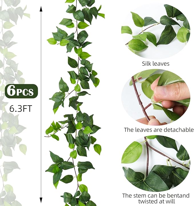 RECUTMS Artificial Vines Ivy Garland 6 Strands Fake Vine with Silk Green Leaves Hanging Plants Greenery Artificial Garland for Spring Home Wall Bedroom Party Wedding Room Valentines Day Decor