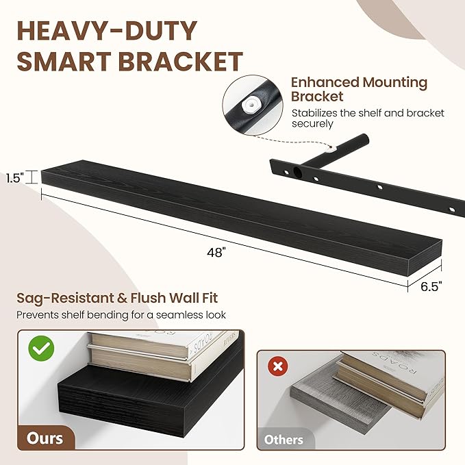 48 Inch Floating Shelves for Wall 2 Pack, 48" Wall Shelves for Books, Storage, Decor, Wall Mounted Floating Shelf with Invisible Brackets for Kitchen, Living Room, Black