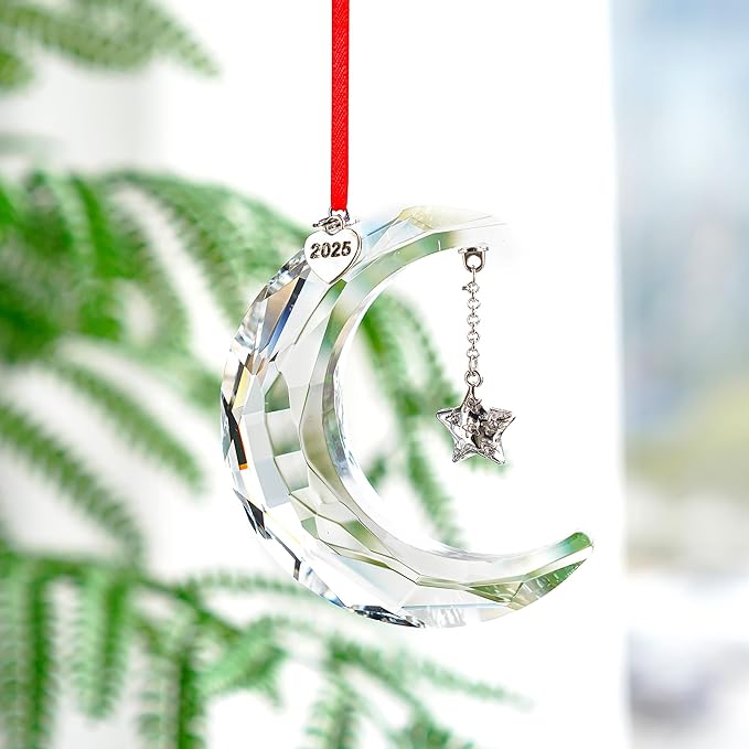 H&D HYALINE & DORA 2025 Christmas Moon Ornament Crystal Christmas Moon Hanging Ornament Clear Crystal Suncatcher Ornament for Xmas Winter Party Home Decor