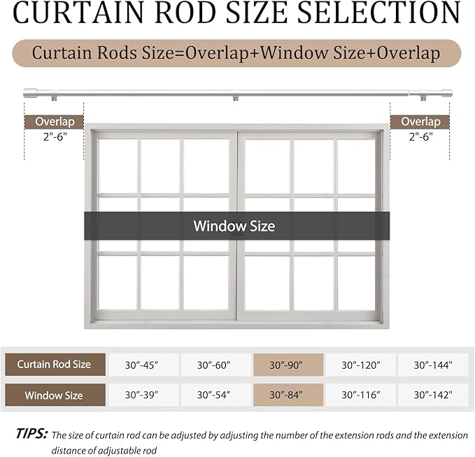 1” Diameter Silver Curtain Rods for Windows, 1 Pack 30-90 Inch Heavy Duty Window Rods, Long Adjustable Curtain Rod, Fits Most Standard Windows, Suitable for Bedroom, Living Room, Farmhouse