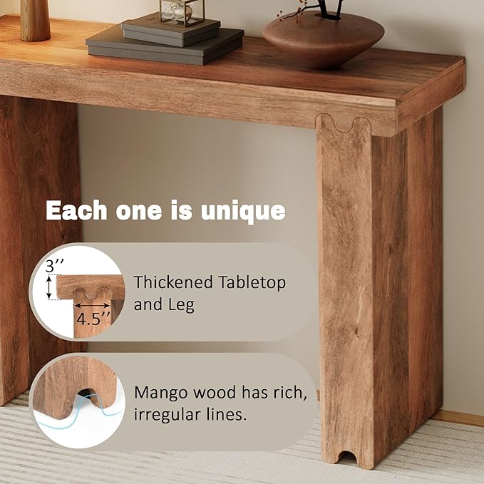 Farmhouse Console Sofa Table, 45'' Long Accent Table, Mango Wood Thickened Entryway Table for Hallway Living Room (Honey-MGN)