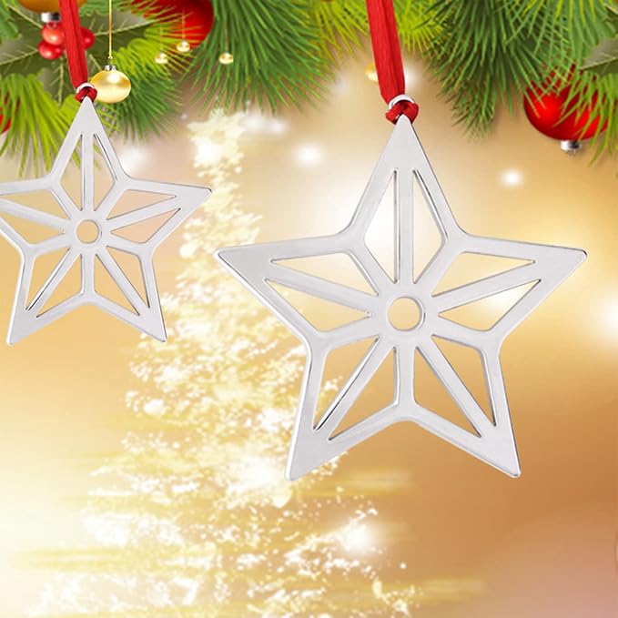 Set of 6 Christmas Hanging Ornaments,Silver Star Christmas Ornament for Xmas Tree Decor, Christmas Tree Ornament-Snowflake Reindeer Snowman Christmas Tree Ornament Gift (6, Star)