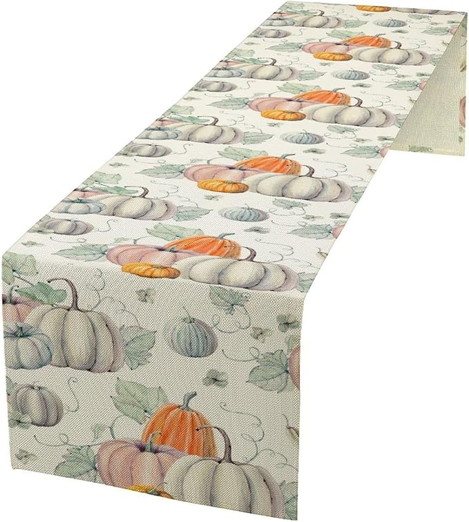 Fall Pumpkin Table Runner Vintage Leaves Plant Motifs Thanksgiving Theme Watercolor Illustration Home Decor for Farmhouse Indoor Outdoor Party Holiday Dining Kitchen Restaurant Cafe W13xL36in
