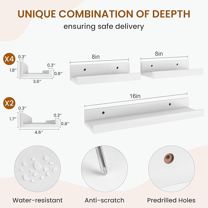 Axeman Picture Ledge Shelf, Floating Shelves for Wall Decor Storage Set of 6, 16 inch Floating Wall Mounted Shelves, Shelves with Lip for Living Room, Bedroom, Nursery, Bathroom, Kitchen, White