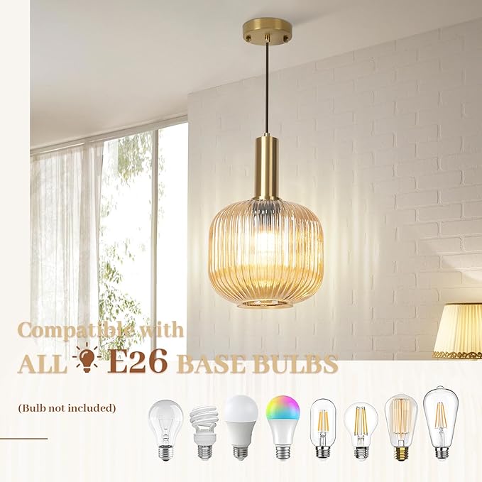 Amber Glass Pendant Light 8 inch, Mid Century Modern 1-Light Pendant Lighting for Kitchen Island Dining Room Bedroom Bar, Vintage Gold Adjustable Hanging Light Fixture Ceiling Mount