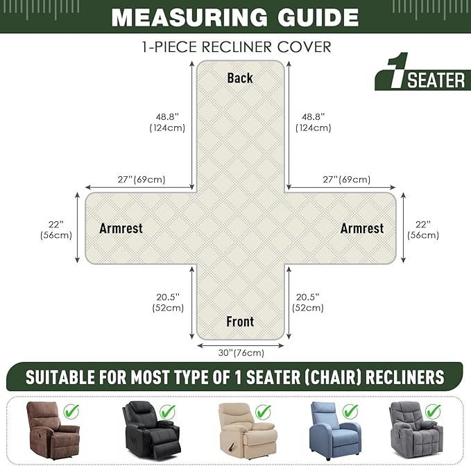 TAOCOCO Waterproof Recliner Chair Covers 30 Inch Wide, Oversized Recliner Covers for Recliner Chair with Pocket, Recliner Slipcovers with Straps Furniture Protector for Kids Pets (30'', Vine Green)