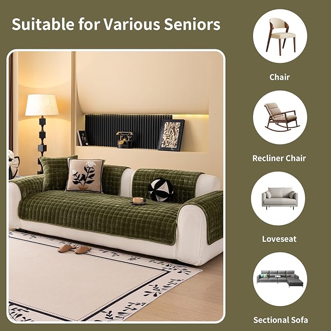 Velvet Couch Cover, Washable Sectional Sofa Cover, Anti Slip Sofa Slipcover for 3 Cushion Couch Sofa L Shaped Armrest Backrest, Furniture Protector Covers for Pets Kids(1PC,Green,36"×71")