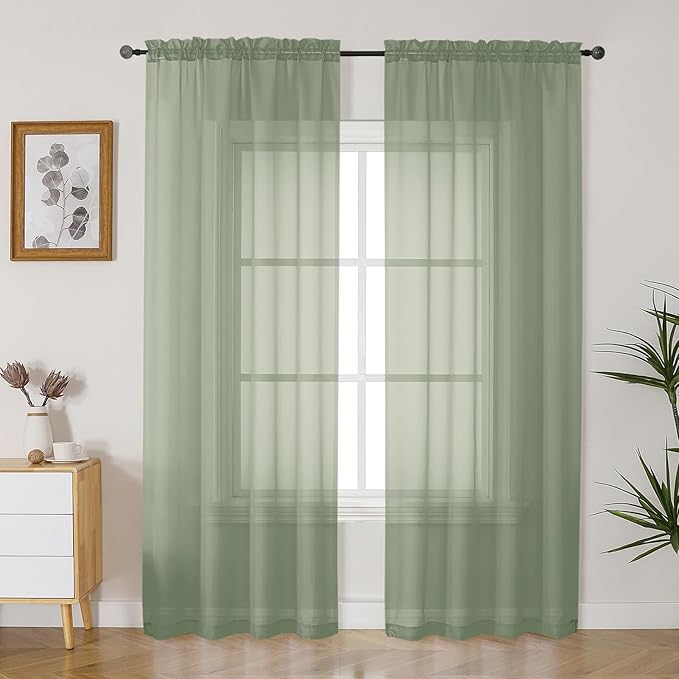 Gwine Sage Green Sheer Curtains 84 Inches Long 2 Panels Set for Living Room, Rod Pocket Voile Lightweight Bedroom Curtains, Light Filtering Solid Window Sheer Panels, Each 42" Wx84 L