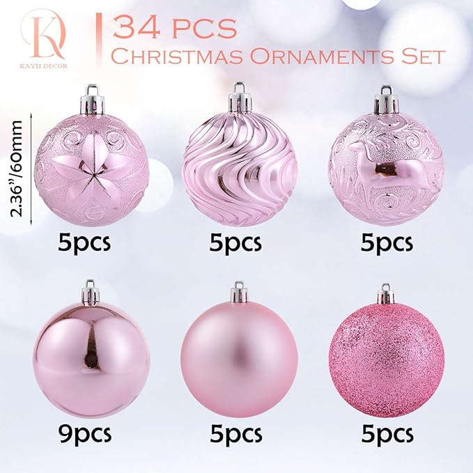 34ct Pink Christmas Ball Ornaments Shatterproof Plastic Christmas Tree Decorations for Xmas Party Home Office Holiday Decor -Medium Size (2.36"/ 60mm)