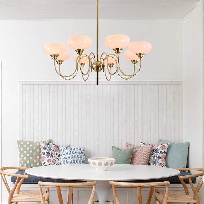 BOKT Gold Mid Century Chandelier Over Table 8-Light Pink Flush Mount Ceiling Light Fixture Kitchen Adjustable Height Ceiling Hanging Light Pink Globe Glass Chandelier for Dining Room Bedroom