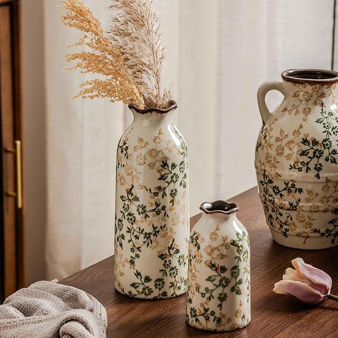 Ceramic Vase Set of 3, Vintage Green and Beige Vases Set for Home Decor, Chinoiserie Floral Decorative Vase for Living Room, Bookshelf, Office (5.9"+7.9"+9.8")