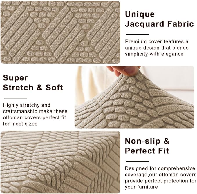 Square Ottoman Cover Large Stretch Storage Ottoman Bench Covers Slipcovers Cube Jacquard Covers for Square Ottomans Coffee Table Footrest Stool Cover with Elastic Bottom S Khaki