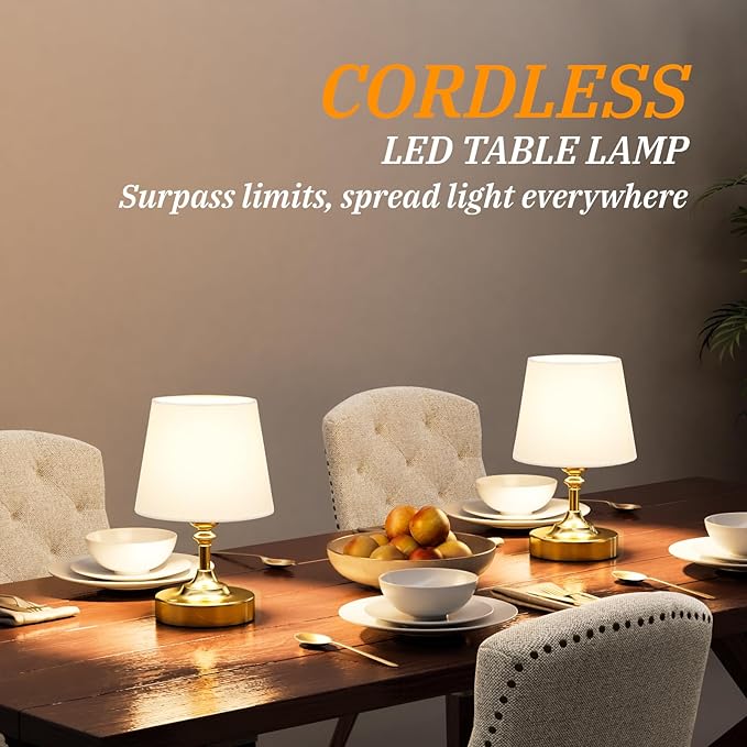 Kakanuo Mini Cordless Table Lamp Gold - 1 Pack 4000mAH Battery Operated Lamp for Decor, 3000K Stepless Dimming Touch Control Rechargeable Lamp for Bedroom, Dining Table, Counter, Living Room