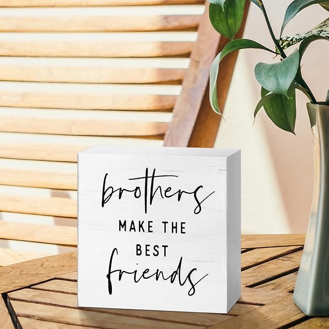 JXREQ Kids Boy Nursery Wall Desk Decor Wood Box Sign, Brothers Make The Best Friends Signs, Boys Bedroom Bathroom Playroom Toddler Classroom Decor, 5x5 Inch