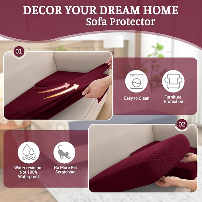 Sectional Couch Covers for Sofa Cushion L Shaped Couch Cover Washable Soft Couch Cushion Covers Stretch Sofa Slipcovers with 2 Pcs Pillowcases(3-Piece 2 Seater + 1 Chaise, Burgundy)