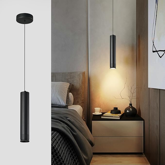Adjustable Focus LED Pendant Lights Kitchen Island 1 Pack Black Pendant Light Mini Modern Pendant Lighting for Kitchen Bedroom Dining Room Cylinder Pendant Spot Light, 4000K