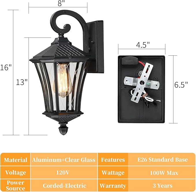 YSN 16'' Large Outdoor Wall Lights 2 Packs, Black Exterior Lighting Fixture Outdoor Sconce Lights, Waterproof Outside Lights for House with E26 Socket, Outdoor Lanterns for Porch, Garage, Farmhouse
