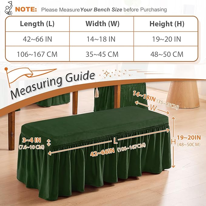 NICEEC Spandex Stretch Dining Bench Cover with Skirt Removable Bench Slipcover Rectangle Washable Bench Cushion Covers for Dining Room Living Room Bedroom Kitchen(Green)