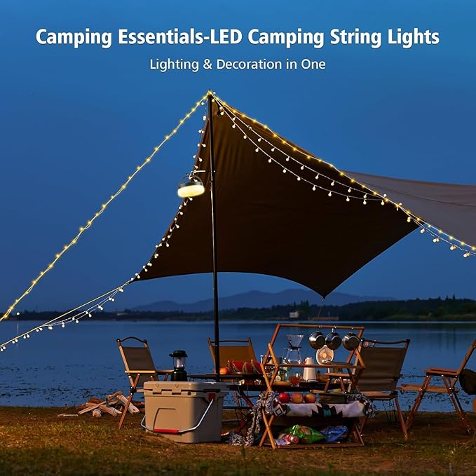 Solar Camping Lights 130LEDs,33 FT Fairy Lightswith 13 Lighting,Portable Waterproof 4 in1 Camping Lantern,Retractable Christmas Twinkle Lights Design & Hooks for Outdoor Garden Party Essentials